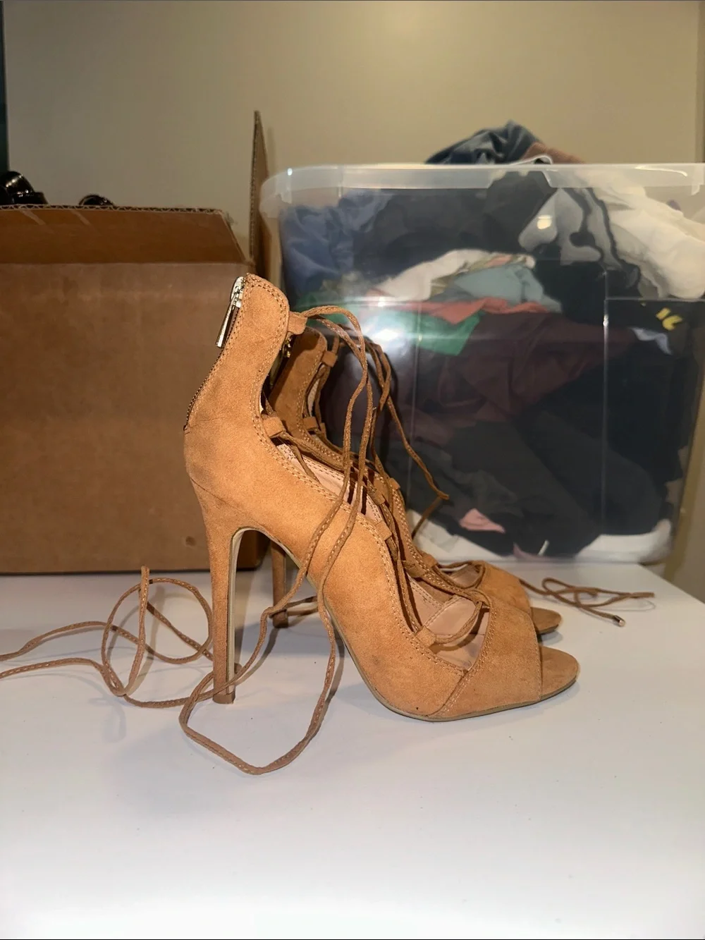 Call It Spring Tan Lace-Up Open Toe Heels